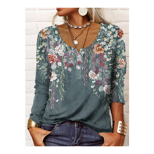 Women's Floral T-Shirt Casual  Regular Fit Long Sleeve Tops Multicolor Khaki Light Blue