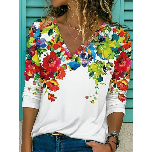 Women's Cotton Blends Floral V Neck Long Sleeve T-shirt