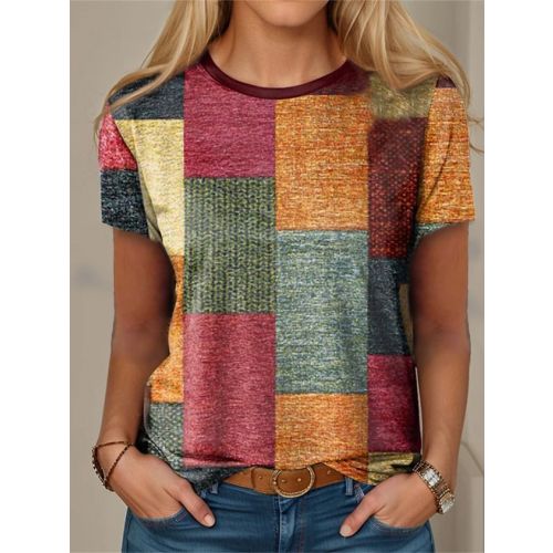 Casual Loose Multicolor Block Crew Neck T-Shirt