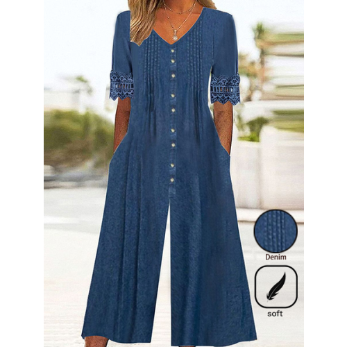 Denim Casual V Neck Jumpsuit